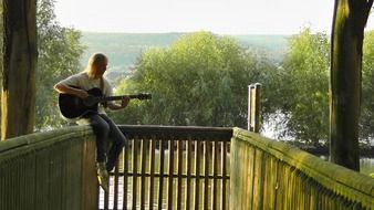 guitarist with instrument sitting on a hedge