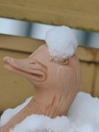 Snow on the duck figure in winter