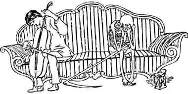 drawing of a man playing a musical instrument near the skeleton as an illustration
