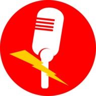 white microphone in red circle, icon
