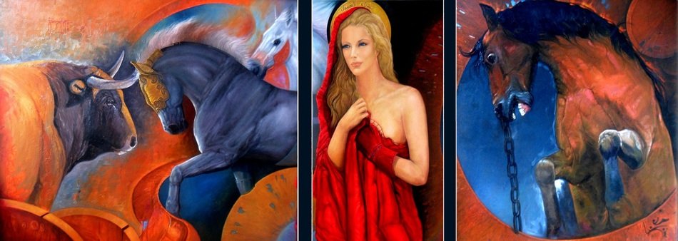 woman in red dress and blue horses are painted on canvas
