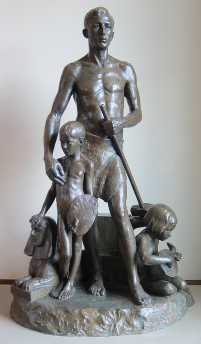 young man with hammer and two kids, industry protecting of arts, statue