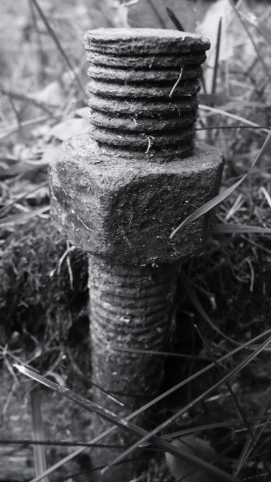 black and white image of a big screw in the grass