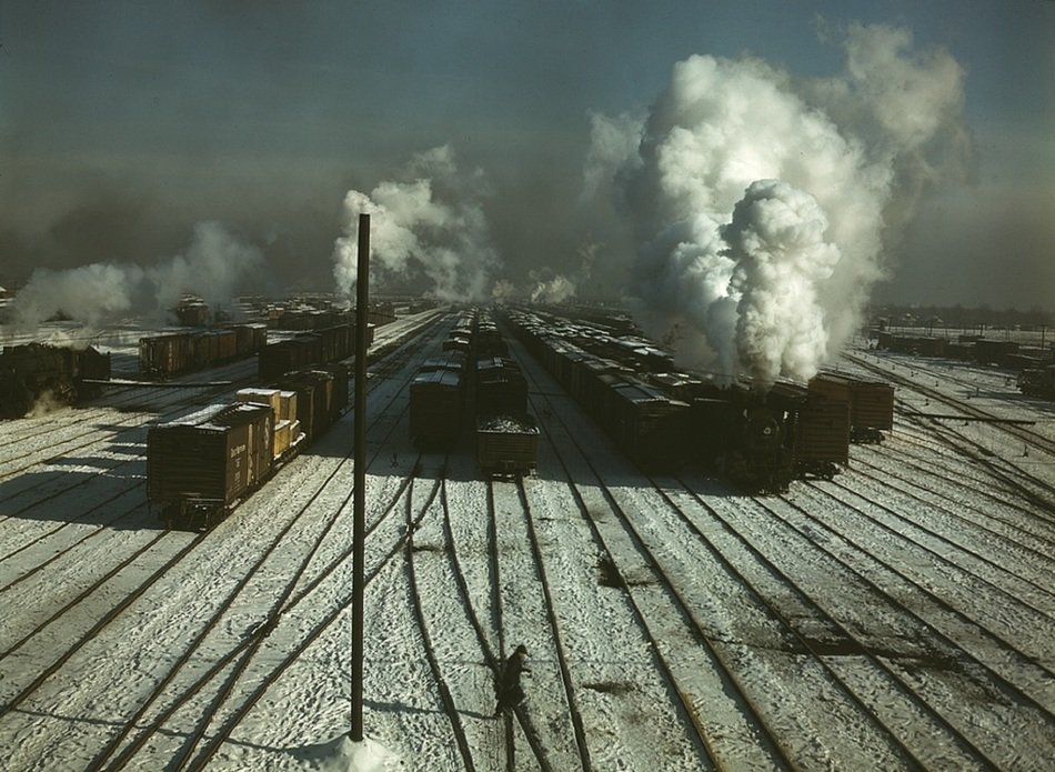 panoramic view of a freight railway in winter