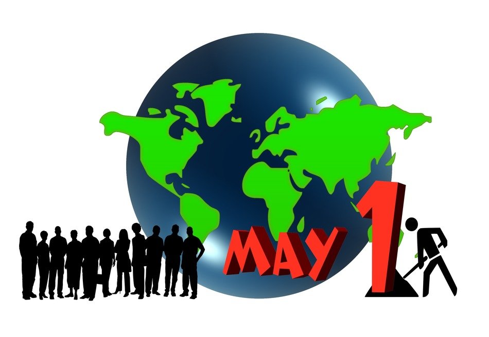 workers on the background of the globe with the words 'May 1'