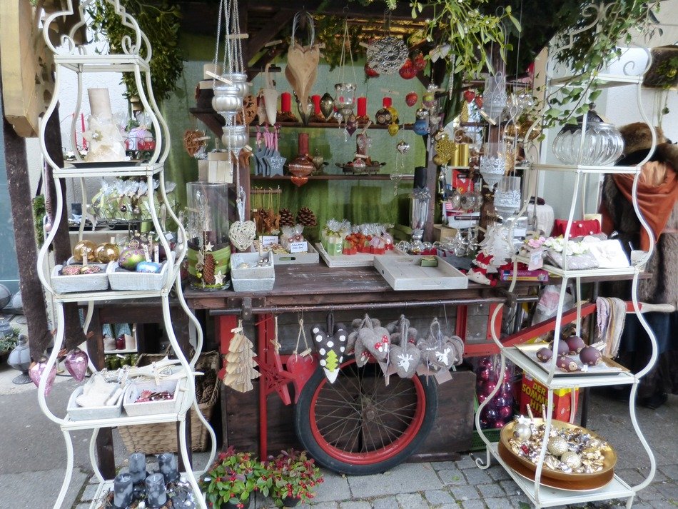 stand with christmas decorations