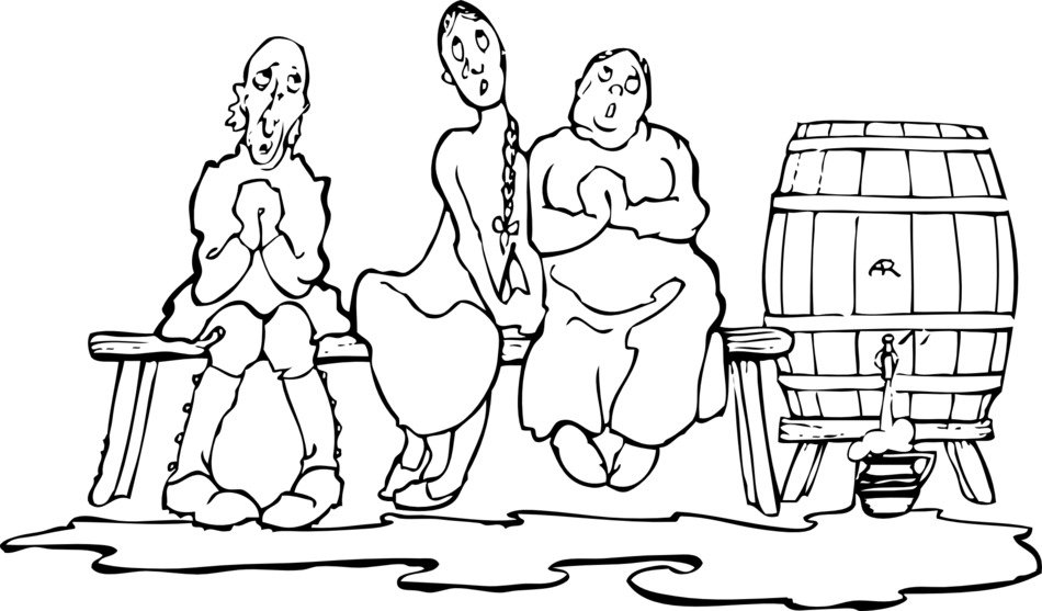 barrel of wine and three persons, drawing