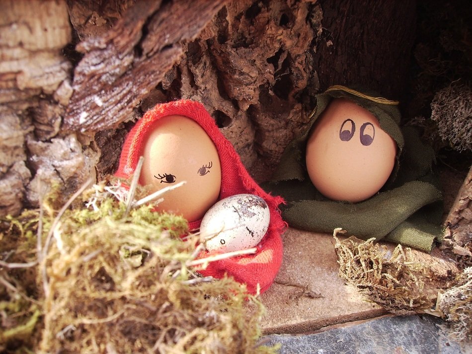 nativity scene with painted eggs