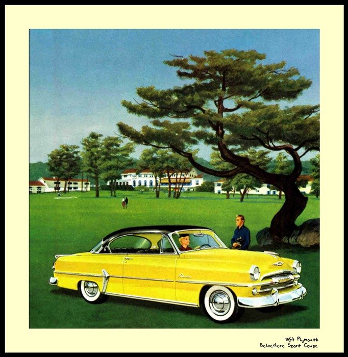 vintage drawing of car and man on a lawn