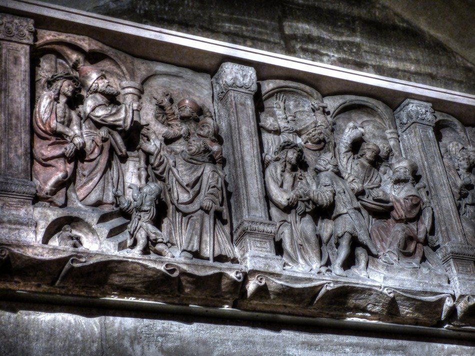 religious sculptures on the facade of the church