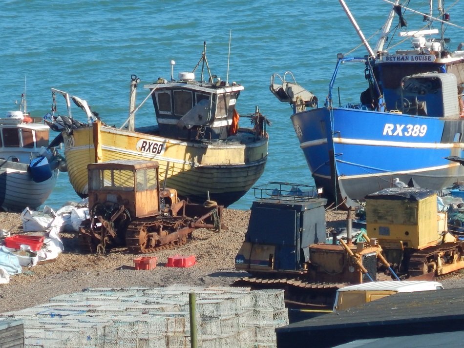 fishing boats in port, uk, hastings