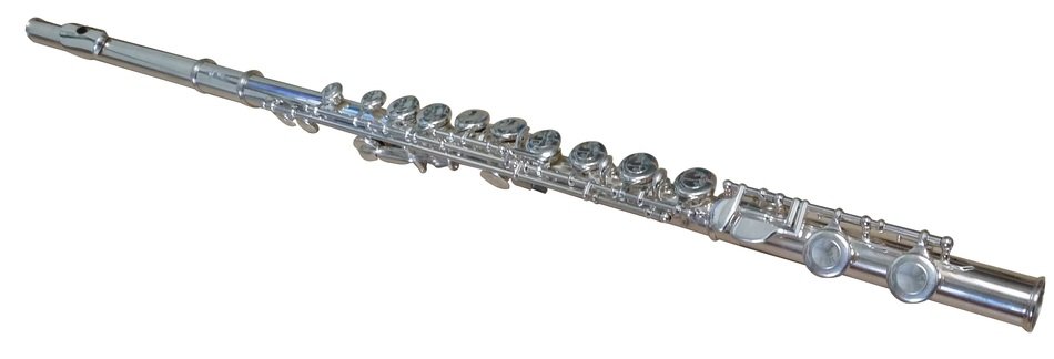 silver flute on white background