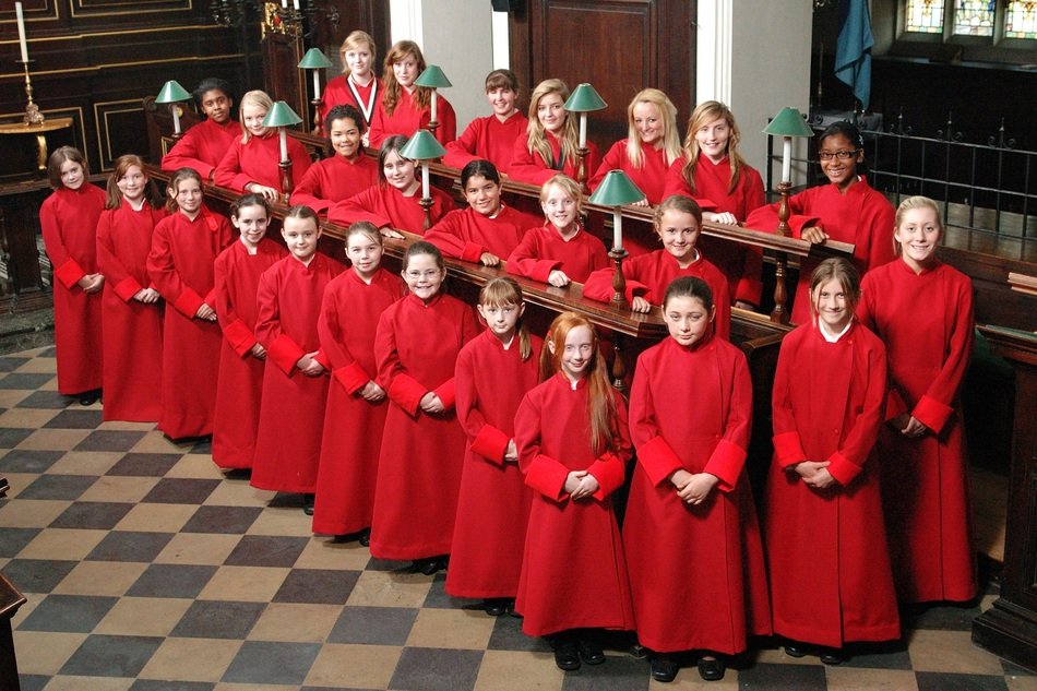girls in red dresses, choir of all saints church, uk, england, northampton