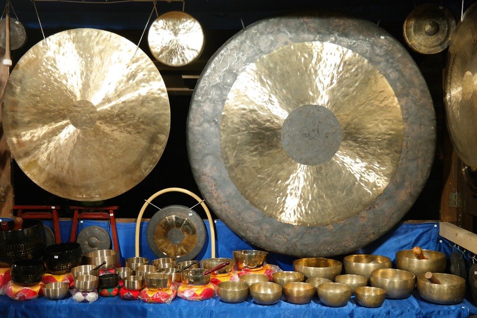 metal gong and singing bowls