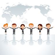 cartoon business people holding hands in front of world map