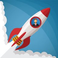 Vector startup business concept with businessman in space rocket window