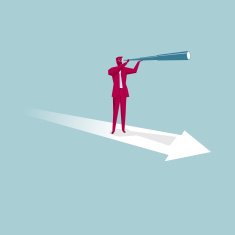 Businesswoman with spyglass on the arrow