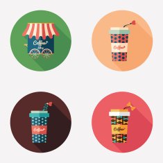 Coffee shop and paper coffee cups flat round icons