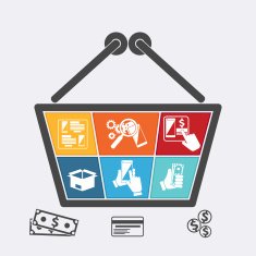 Shopping basket with icons of online e-commerce