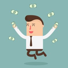 Businessman funny jumping with money