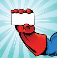 Superhero Hand Holding Business Card - Blue Background