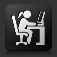 Black Square Button with Woman Working on Computer