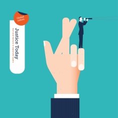 Hand with crossed fingers and businessman spyglass