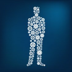 Business man made of gears on blue striped background