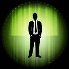 Business man in front of rgreen background gradient with copyspace