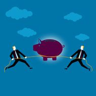 Two businessman pulling piggy bank
