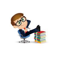 Businessman resting in armchair with legs up book