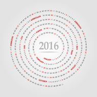 Round calendar for 2016 year Week Starts Sunday