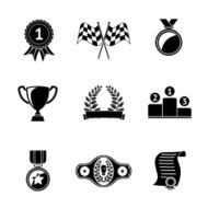 Set of winners icons - goblet medal wreath race flags