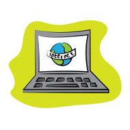 Cartoon laptop isolated on green background with Earth