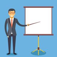 Happy businessman and presentation board with empty space Flat illustration