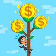 Cartoon businessman climbing money tree