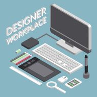 Flat 3d isometric designer workplace infographic