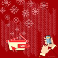 Christmas shopping snowflakes on red hands using smart phone