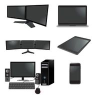 electronics set monitor laptop desktop tablet cellphone speakers vector illustration