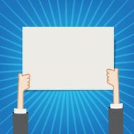 Hand showing blank sign board on sunburst background vector illu