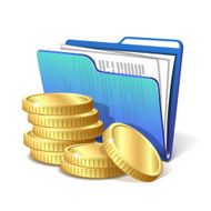 Stack of gold coins next to folder with documents