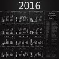 Calendar template with holidays observances and events 2016