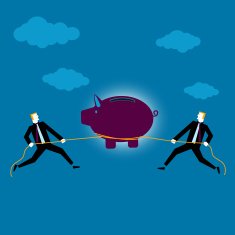 Two businessman pulling piggy bank