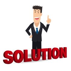 Business man standing behind a solution on white background