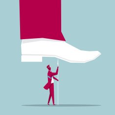 Businessman hold spear lifting a huge foot