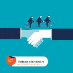 Businessmen on a tandem bike crossing over handshake