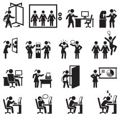 Businesswoman Daily Office Job black and white vector icon set