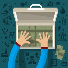 Bright vector illustration two male hands holding a suitcase