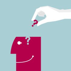 Hand holding a red question mark Into the brain