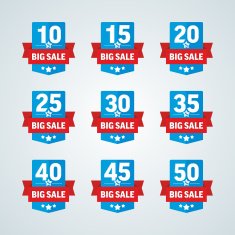 Big sale 10-50 percent blue badge with red ribbon